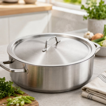 SKK Professional stainless steel lid fitted on a large cooking pot, with steam rising in a kitchen setting.