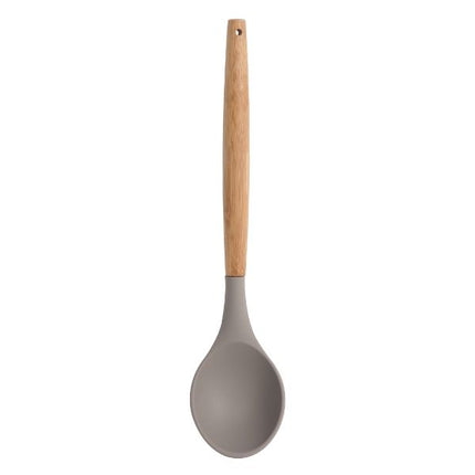 Sabichi grey silicone solid spoon with a light wooden handle and hanging hole on a white background.