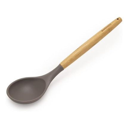 Angled Sabichi grey silicone solid spoon with a branded light wooden handle and hanging hole on a white background.