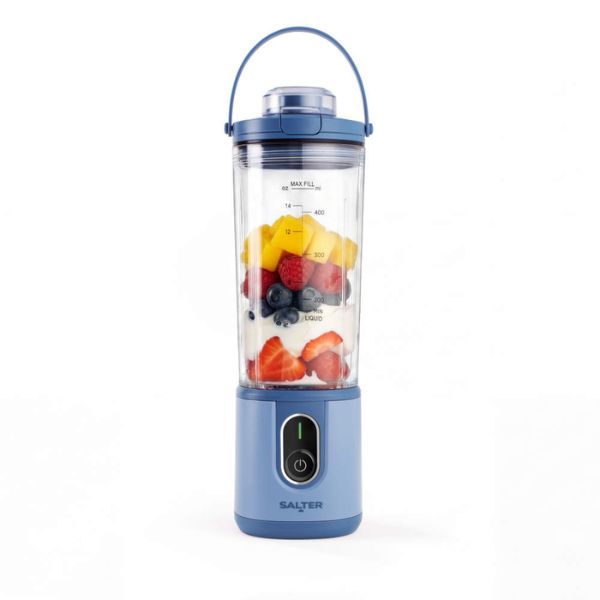 A blue Salter portable blender with a clear container filled with fruit, set against a plain white background.