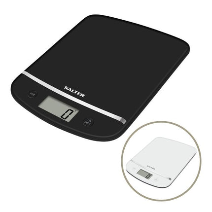 A Salter digital kitchen scale shown in black, with a circular inset showing the same model in white. The main product has a flat rectangular weighing platform, a small LCD display, and two buttons on the front, photographed on a plain white background.