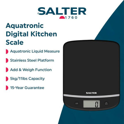 Salter Aquatronic Digital Kitchen Scale shown on a white and dark teal graphic background with product features listed on the left.