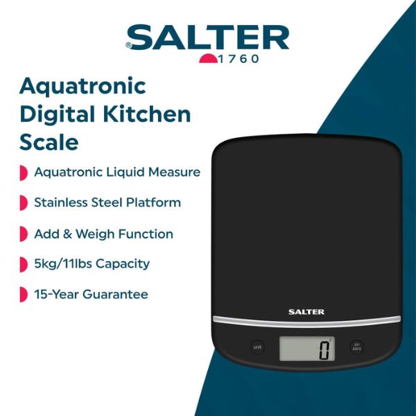 Salter Aquatronic Digital Kitchen Scale shown on a white and dark teal graphic background with product features listed on the left.