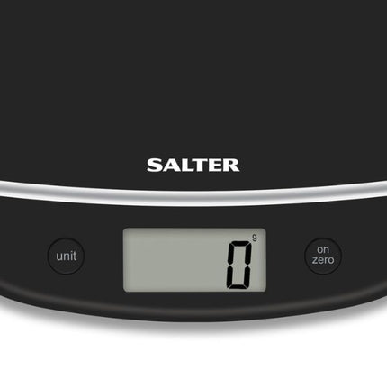 Black digital kitchen scale with 'Salter' branding on a white background