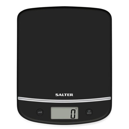 A black digital kitchen scale with a silver accent line and the brand name 'SALTER' printed on the front, shown against a plain white background.