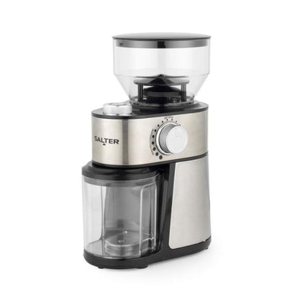 A Salter electric coffee grinder with a brushed stainless steel body, black plastic base and hopper lid, and a clear bean hopper on top, shown on a white background.