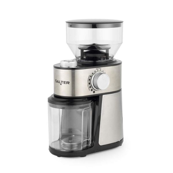 A Salter electric coffee grinder with a brushed stainless steel body, black plastic base and hopper lid, and a clear bean hopper on top, shown on a white background.