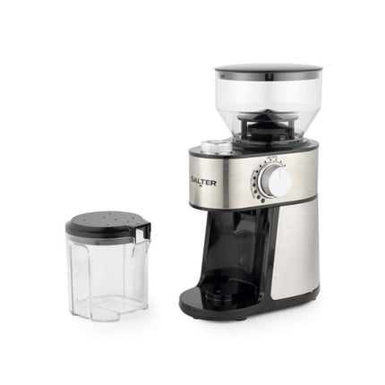 A Salter electric coffee grinder with a brushed stainless steel body, black plastic base and hopper lid, and a clear bean hopper. A separate clear container with a black lid is shown to the left of the grinder on a plain white background.
