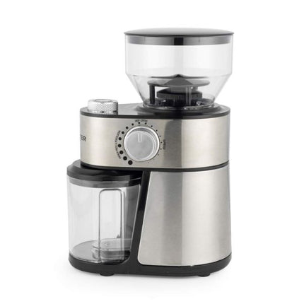 A countertop electric coffee grinder with a brushed stainless steel body, black plastic base and lid, and a clear bean hopper on top, shown on a white background.