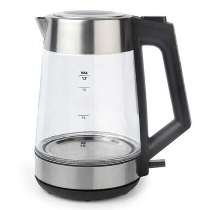 Electric kettle with clear glass body and black handle on a white background