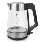 Electric kettle with clear glass body and black handle on a white background