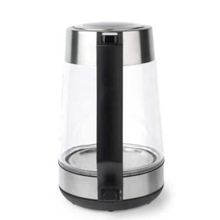 A modern electric kettle with a clear glass body, brushed stainless steel accents, and a black handle and base, shown on a plain white background.