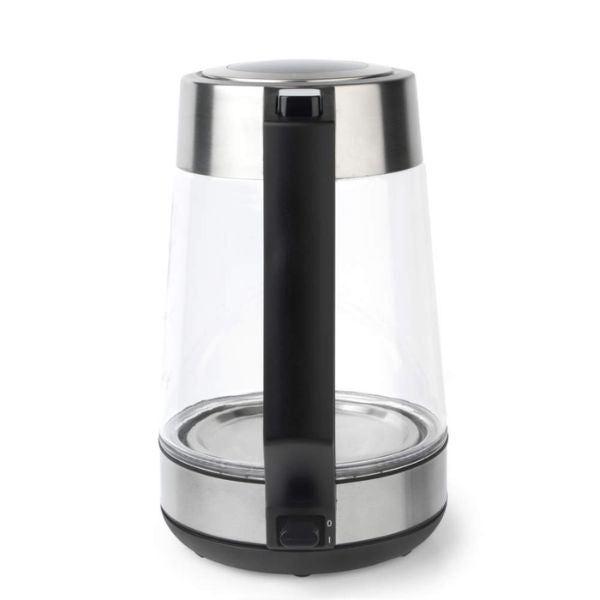 A modern electric kettle with a clear glass body, brushed stainless steel accents, and a black handle and base, shown on a plain white background.