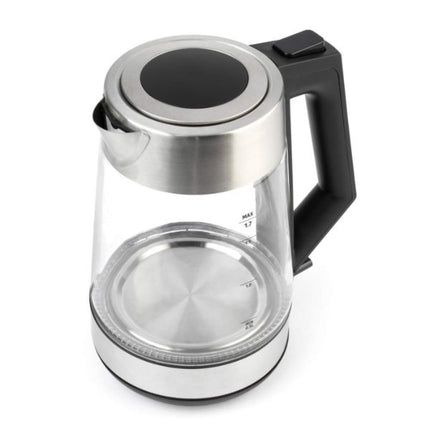 A modern glass water kettle with a transparent body, brushed stainless steel top and base, and a black handle and lid insert, shown on a plain white background.