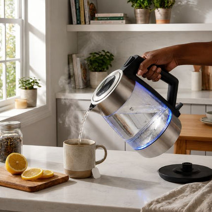 A hand holds a transparent electric kettle with a brushed silver body and black handle, pouring hot water into a beige ceramic mug on a kitchen counter. The kettle lid and base are black, and steam rises from the mug.
