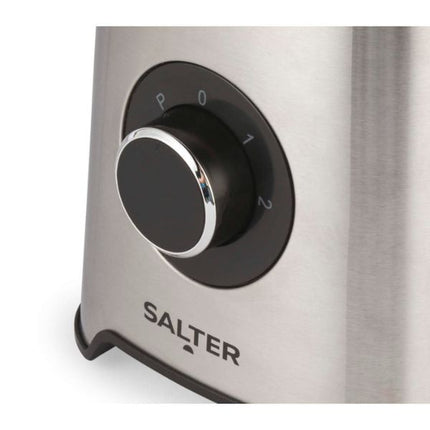 Close-up of a stainless steel kitchen appliance with a black rotary dial and the brand name SALTER printed below, on a white background.