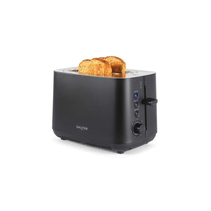 A black Salter two-slot toaster with two slices of toasted bread in the slots, shown on a plain white background.