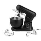 A black Salter stand mixer with a stainless steel bowl, whisk attachment, and two silver hook attachments, shown on a clean white background.