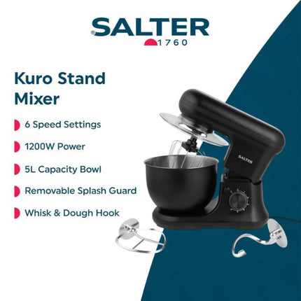 SALTER Kuro Stand Mixer in black with a 5L bowl, shown on a white and dark blue graphic background with feature callouts and accessory hooks.