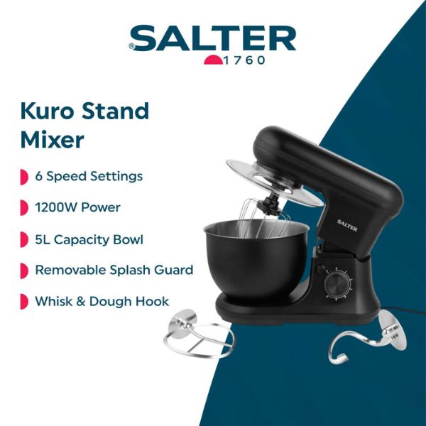 SALTER Kuro Stand Mixer in black with a 5L bowl, shown on a white and dark blue graphic background with feature callouts and accessory hooks.