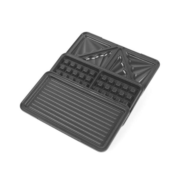 Black non-stick multi-combo toaster, shown partially unfolded to reveal its waffle, sandwich, and grill functions, on a solid white background.