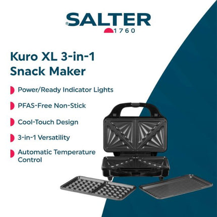 SALTER Kuro XL 3-in-1 Snack Maker in black, shown open with two detachable trays on a white and dark blue graphic background with product feature text.