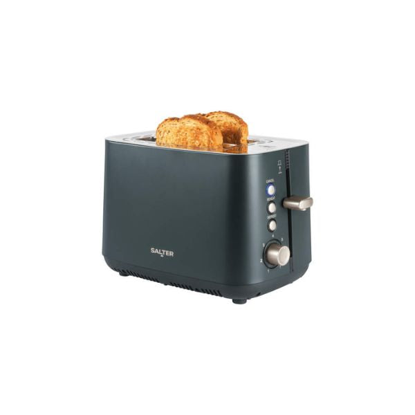 A dark slate gray Salter Marino two-slot toaster with two slices of toasted bread, shown on a plain white background.