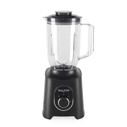 A Salter countertop blender with a matte black base, clear plastic jar, and black lid, shown against a plain white background.