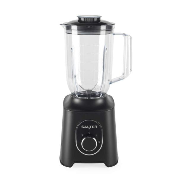 A Salter countertop blender with a matte black base, clear plastic jar, and black lid, shown against a plain white background.
