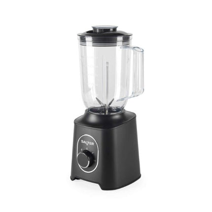 A black countertop blender with a clear plastic pitcher and a black control dial base, shown on a plain white background.