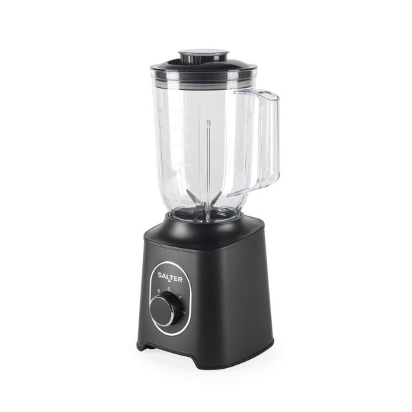 A black countertop blender with a clear plastic pitcher and a black control dial base, shown on a plain white background.