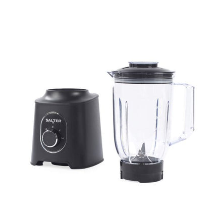 A black Salter countertop blender shown with its clear plastic pitcher and lid on a white background.