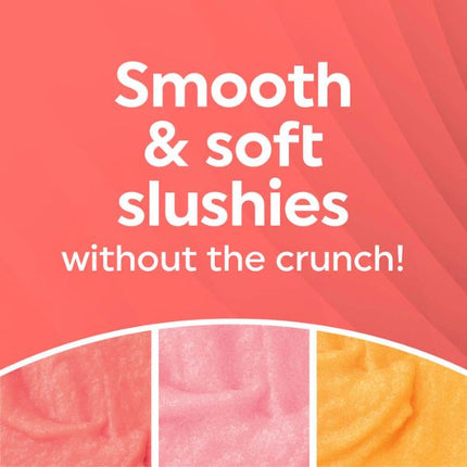 Promotional graphic for a dessert product with the text 'Smooth & soft slushies without the crunch!' on a coral background, with three close-up texture panels showing pink and yellow creamy slushie surfaces.