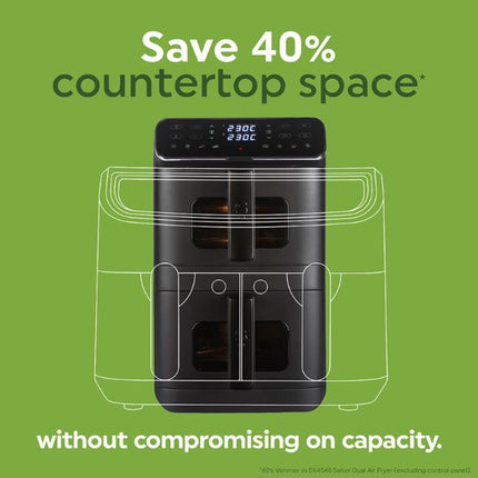 Black countertop air fryer centered on a green promotional background with text reading 'Save 40% countertop space' and 'without compromising on capacity.'.
