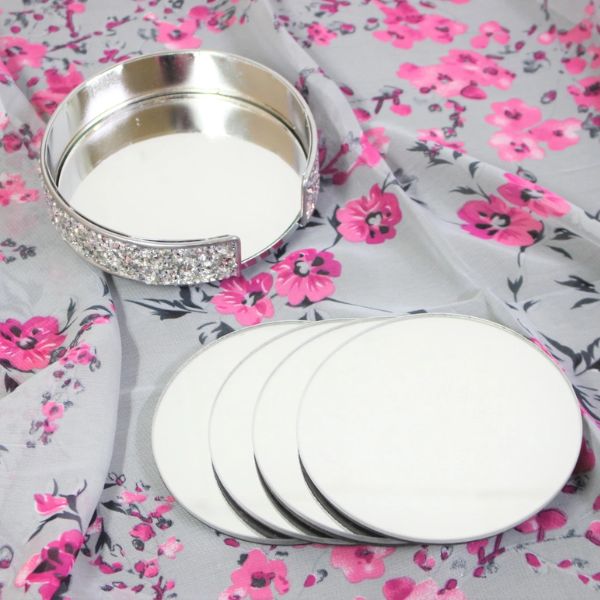 Silver Mirror Glass Drinks Coasters 10cm | Set of 4 at Napev GH