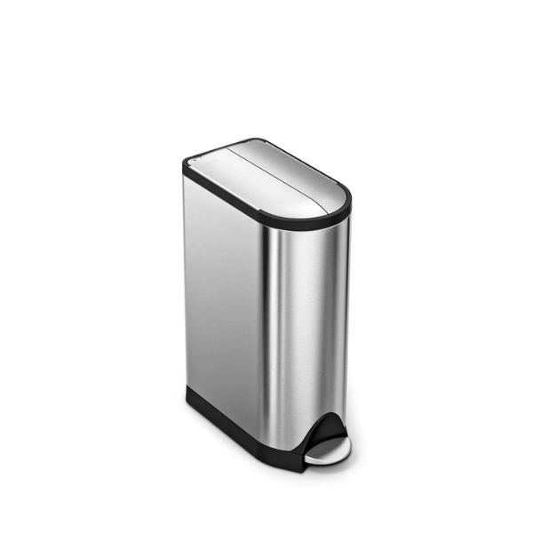 Simplehuman 18L Butterfly Pedal Bin in brushed stainless steel with closed butterfly lid, compact rectangular shape and foot pedal.
