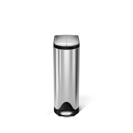 Simplehuman 18L Butterfly Pedal Bin in brushed stainless steel with slim profile, black trim and foot pedal.