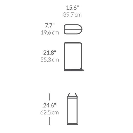 Simplehuman 18L butterfly pedal bin dimensions: 55.3 cm high, 19.6 cm wide and 39.7 cm deep, with a 62.5 cm open height.