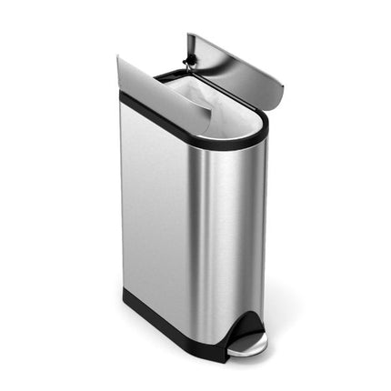 Simplehuman 18L butterfly pedal bin in brushed stainless steel with its split lid open, black trim and foot pedal.