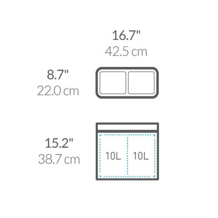 Simplehuman 20L slim open recycler bin dimensions: two 10L compartments, 38.7 cm high, 22 cm wide and 42.5 cm deep.