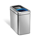 Simplehuman 20L Slim Open Recycler Bin in brushed steel with dual open compartments and blue recycling insert.
