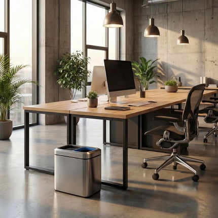 Simplehuman 20L Slim Open Recycler Bin in brushed steel positioned beside a desk in a modern office workspace.