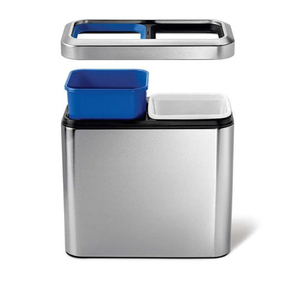 Simplehuman 20L Slim Open Recycler Bin in brushed steel with removable blue and white inner buckets for waste separation.