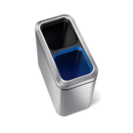 Top view of Simplehuman 20L Slim Open Recycler Bin in brushed steel showing two open compartments for recycling and waste.
