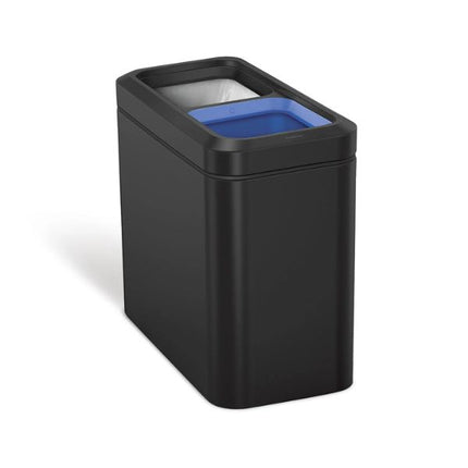Simplehuman 20L Slim Open Recycler Bin in matte black with two open compartments and blue recycling insert.