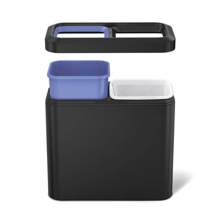 Simplehuman 20L Slim Open Recycler Bin in matte black with removable blue and white inner buckets for separating recycling and waste.