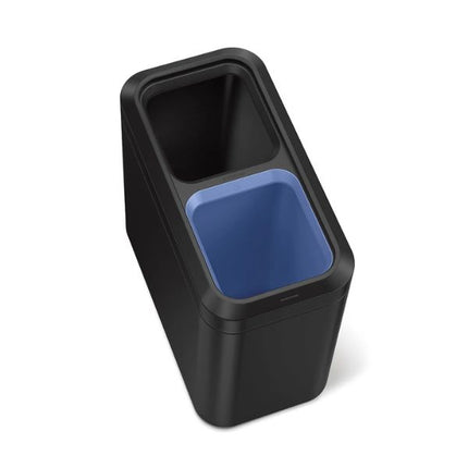 Top view of Simplehuman 20L Slim Open Recycler Bin in matte black showing dual open waste and recycling compartments.