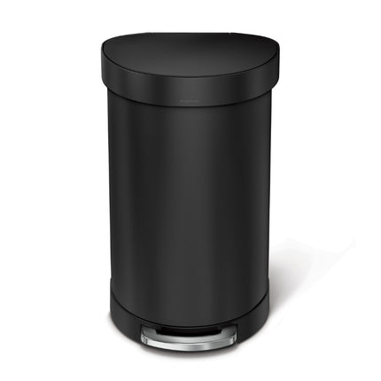 Front view of the Simplehuman 45L semi-round black step bin with its lid closed.