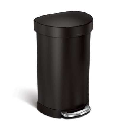 Simplehuman 45L semi-round black pedal bin with a closed lid and wide silver foot pedal.