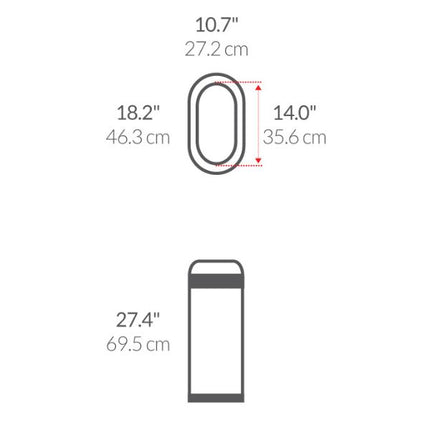 Simplehuman 50L slim open bullet bin dimensions: 69.5 cm high, 27.2 cm wide and 46.3 cm deep, with a 35.6 cm opening.